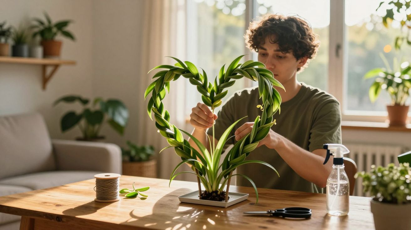 Jovem a cuidar de planta em forma de coração numa sala iluminada, com ferramentas na mesa.